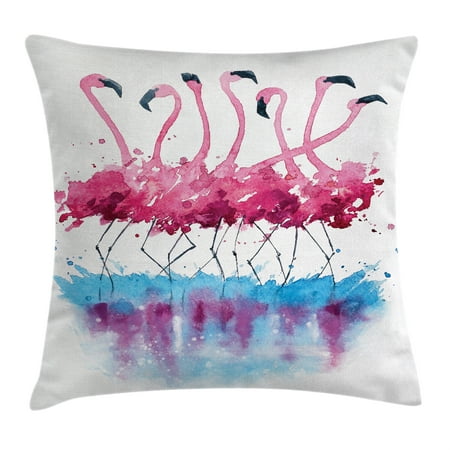 Animal Throw Pillow Cushion Cover, Flamingos Love Birds Feather Romance Brushstroke Splash Watercolor Effect, Decorative Square Accent Pillow Case, 16 X 16 Inches, Pink Blue Purple, by