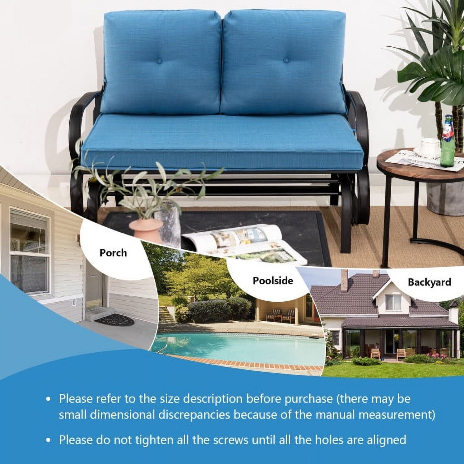 Aimee Lii Double Chair Outdoor with cushion, Patio Glider Bench, Porch, Backyard, Sturdy, Blue Aimee Lii Double Chair Outdoor with cushion, Patio Glider Bench, Porch, Backyard, Sturdy, Blue