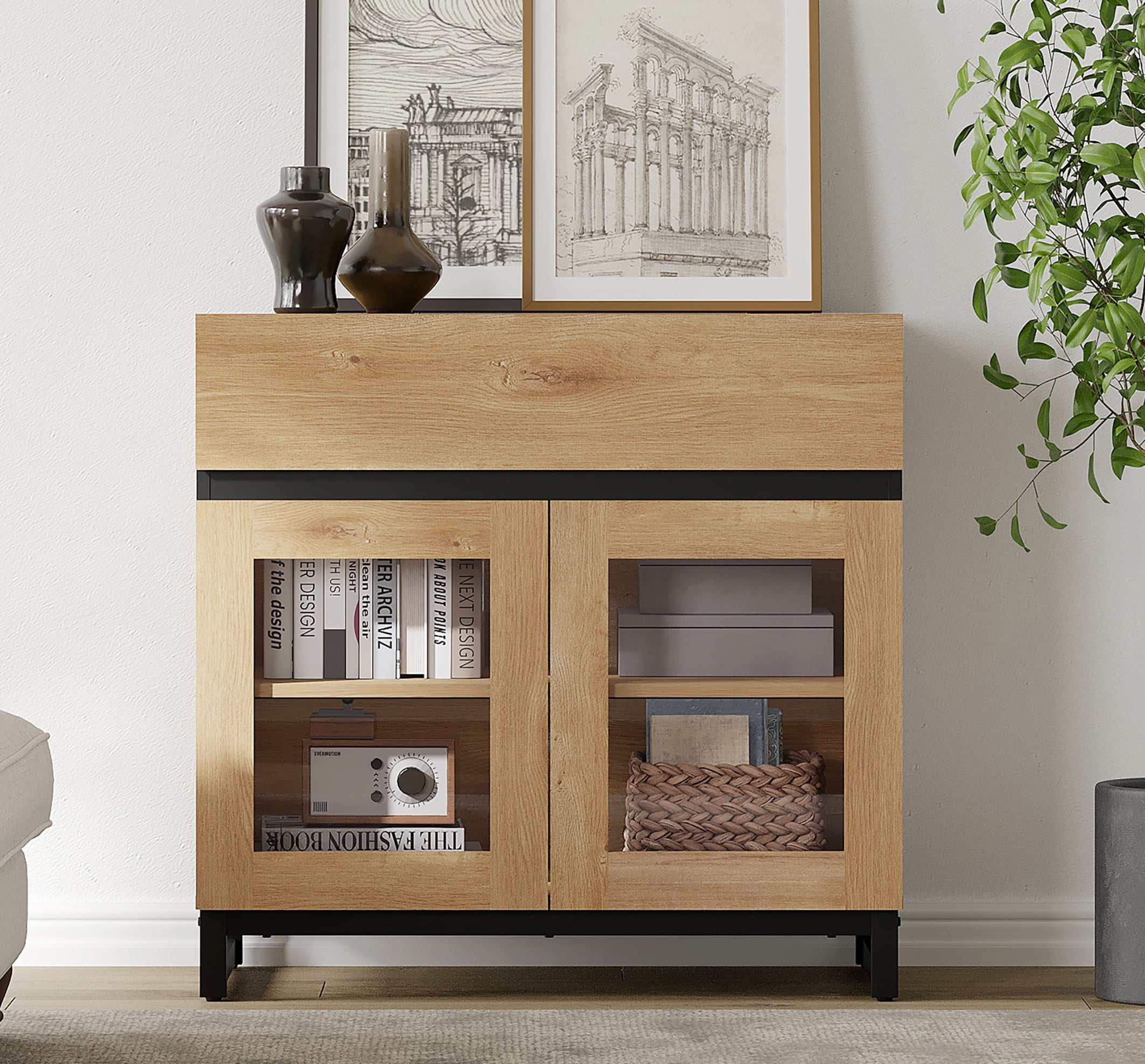 WAMPAT Storage Cabinet with Glass Doors, 3 in 1 Modern Sideboard with Adjustable Shelves and 2 Drawers, Coffee Bar Cabinet for Living Room, Kitchen, Oak