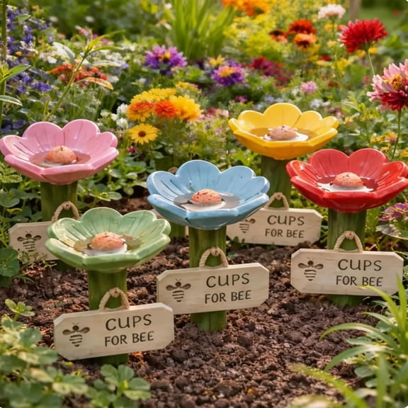 Flower-Shaped Ceramic Bee Watering Station - Hummingbird & Pollinator Feeder with Stake Base, Outdoor Water Bowl (5Pcs Mix)-dh