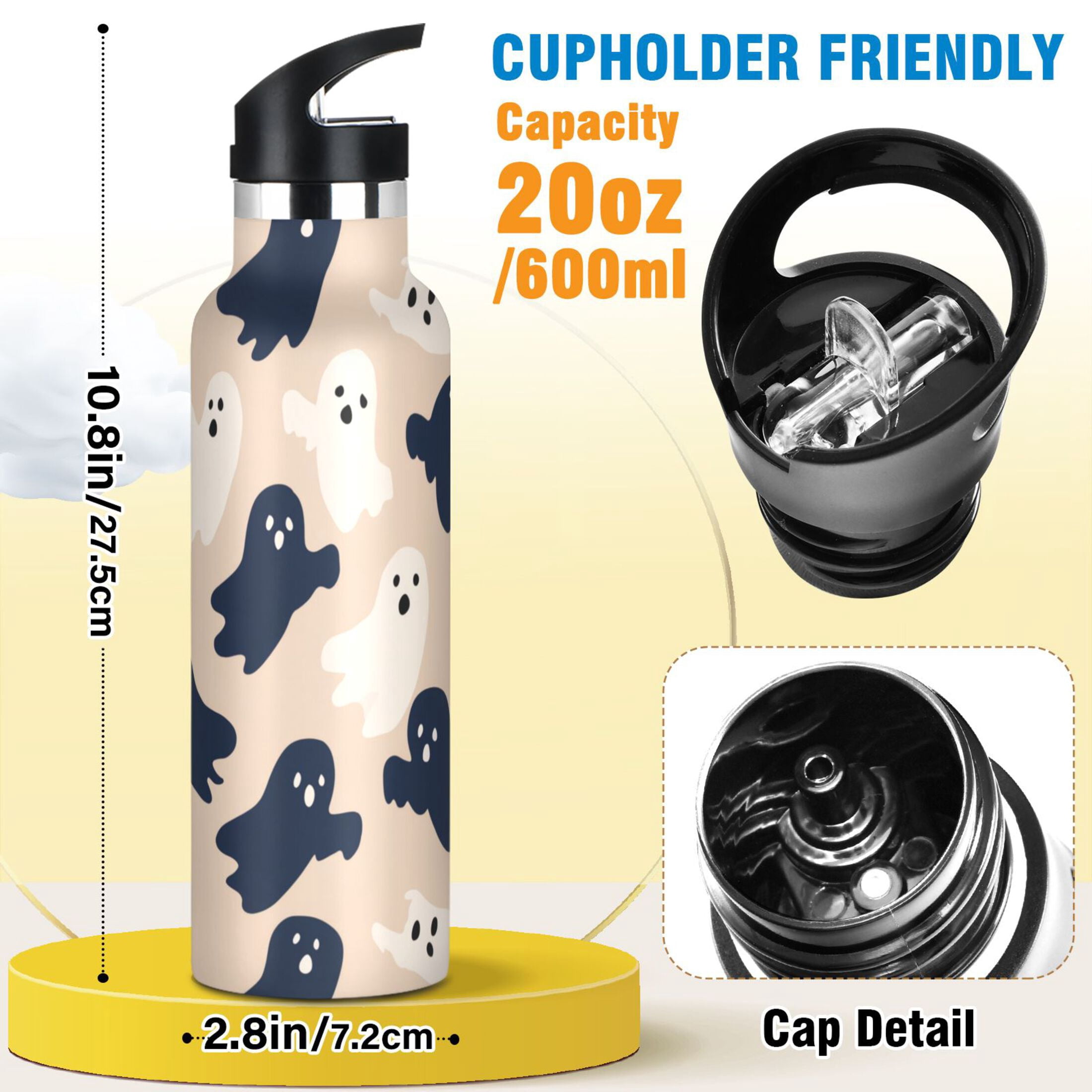 Kids Insulated Stainless Steel Sports Water Bottle 600ml (20oz) Navy and Cream Ghost