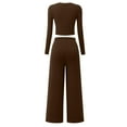 thumbnail image 3 of ibuvkizy Two Piece Sets for Women Fashionable Solid Color Casual Suit Long Sleeved Crop Top Comfortable High Waist Wide Leg Casual Pants Brown,L, 3 of 4