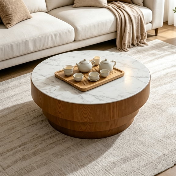 WRXELAN 31.5-inch Round Coffee Table, Modern Low-Profile Living Room Coffee Table, White