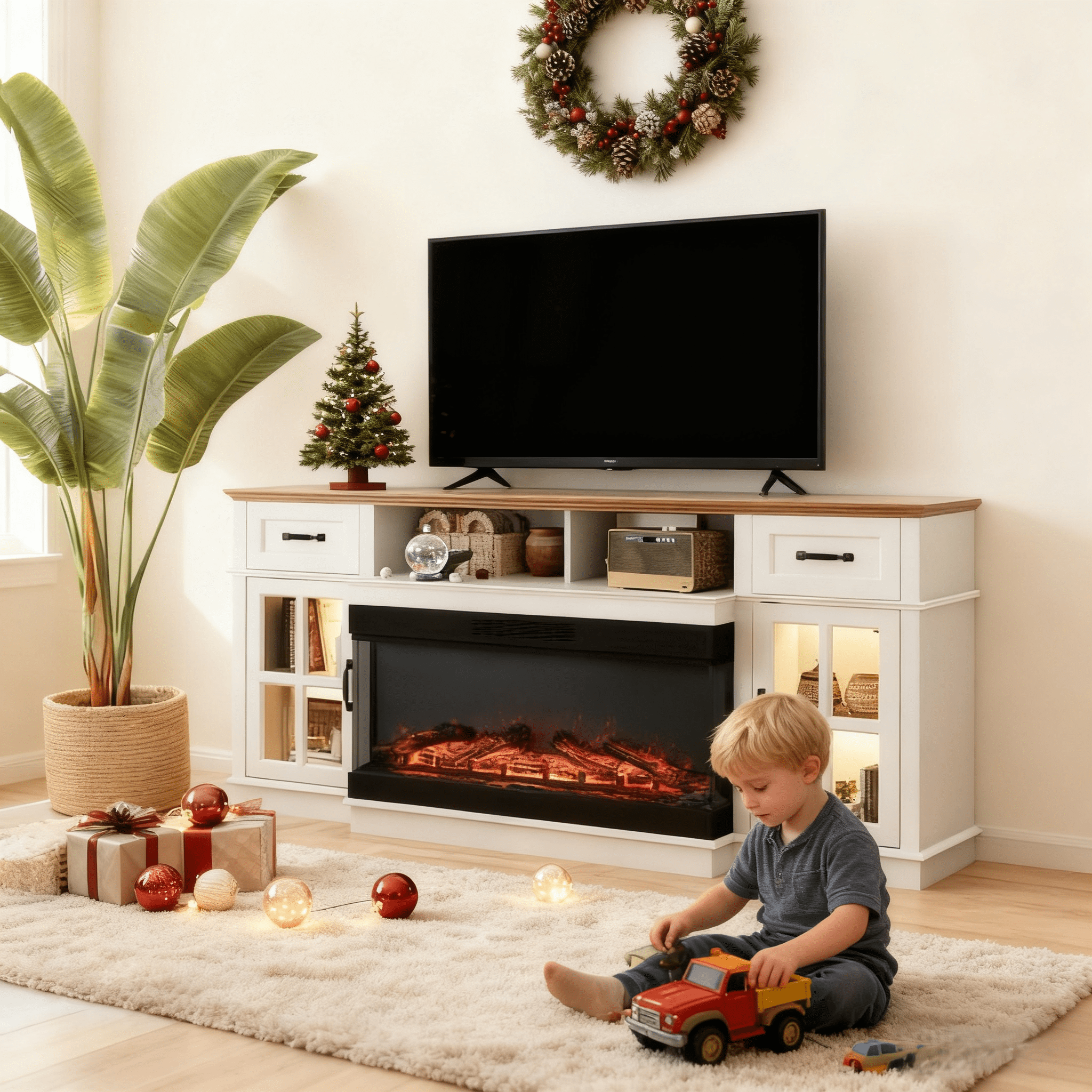 Ktaxon Modern 70" TV Stand with Fireplace, Entertainment Center with 36in Heater for 55/60/65/70" TVs with 2 Doors, Drawers & Shelves, Washed White