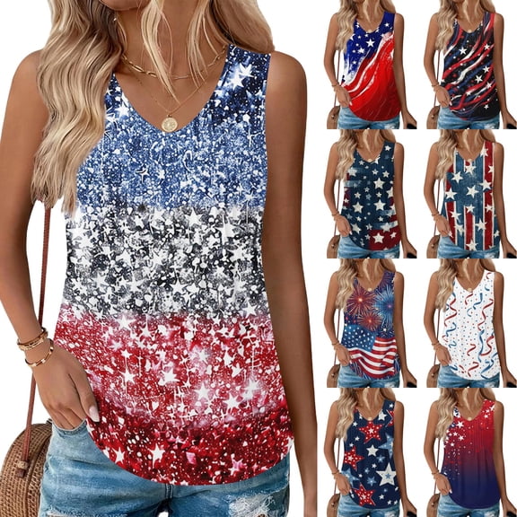 250th Anniversary Tank Top for Women 1776-2026 - Sparkly Ombre American Flag V-Neck Sleeveless Tee - Patriotic 4th of July Graphic Blouse Beige L