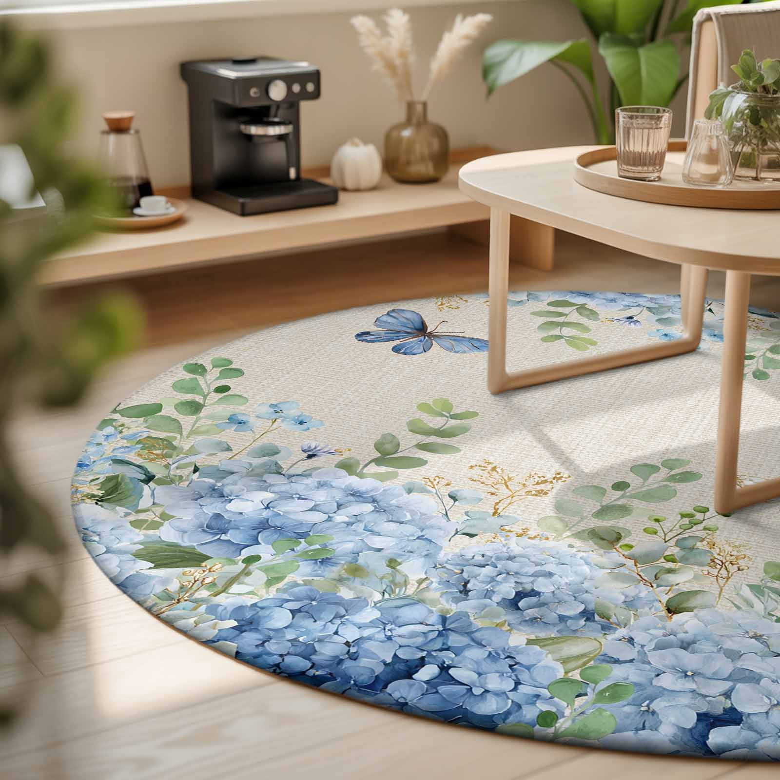 Round Rugs 3 Ft, Blue Hydrangea Non Slip Area Rugs for Kitchen Bedroom Entryway, Spring Summer Eucalyptus Vintage Beige Washable Carpet Runner Rug Floor Mats for Bedroom Home Decor