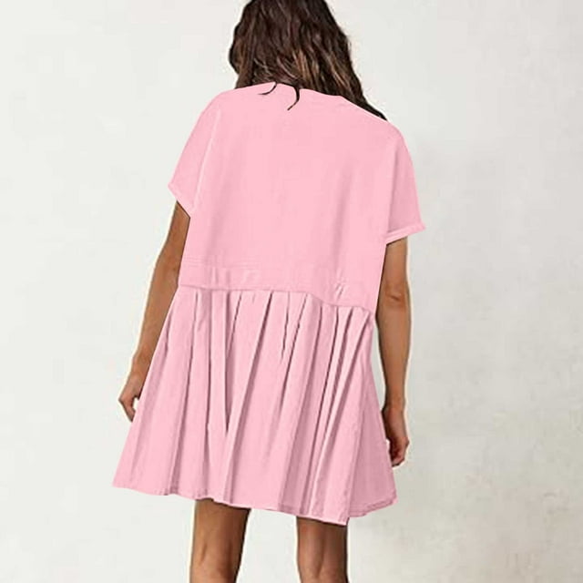 Weiqiqre Robes Originales pour Femmes Offres Robe Plissée Mignonne Unie Patchwork Décontractée Manches Courtes Hauts Amples Surdimensionnés Mini Robe d'Été