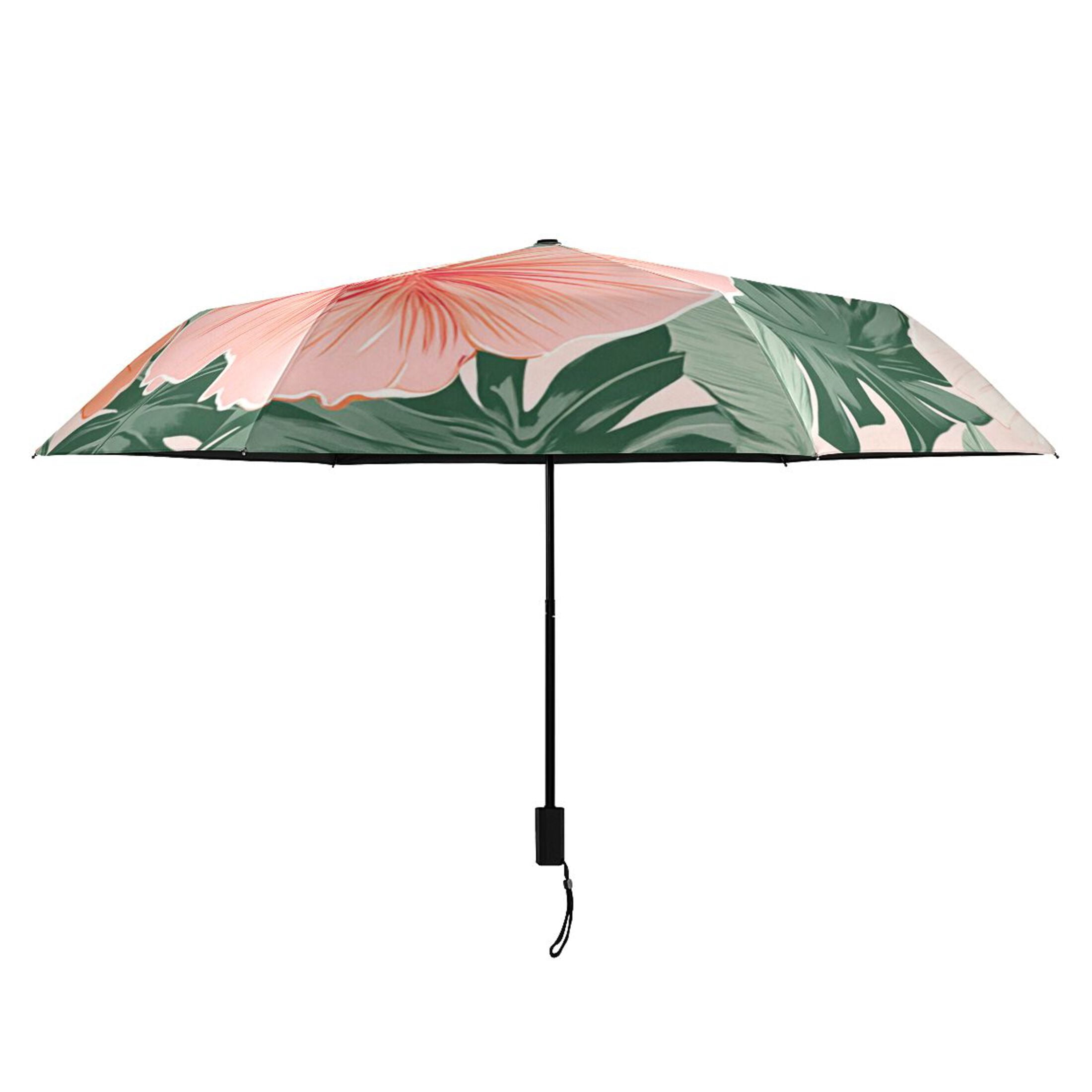 Colorful Hibiscus Florals Palm Leaves Hawaii All Weather Umbrella Triple Folding Parasol 6 Ribs UV Protection Portable