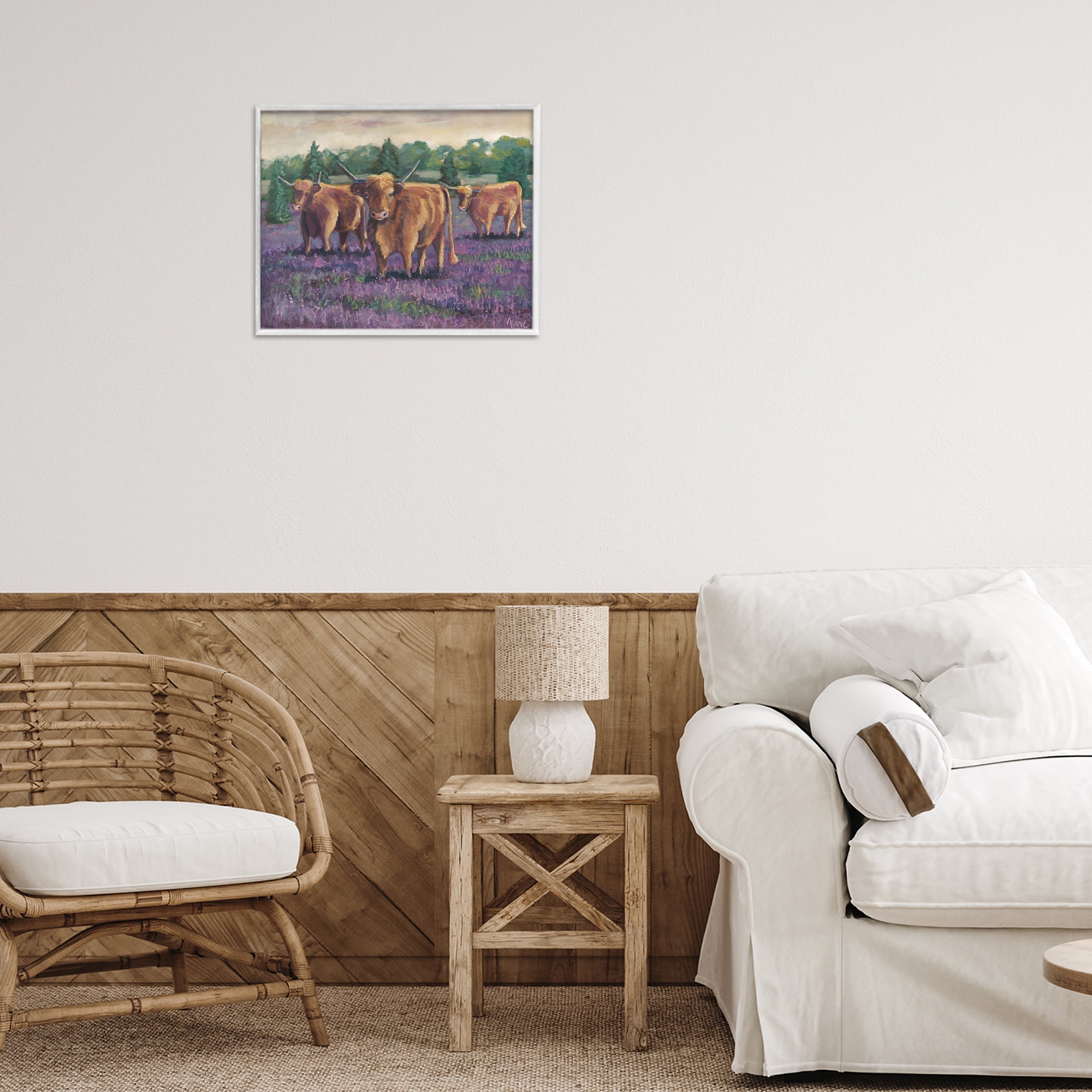 Purple Fields & Cows White Framed Giclee Art, design by Marnie Bourque