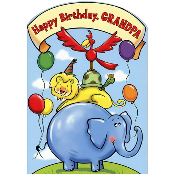 Designer Greetings Bird Standing on Turtle, Lion and Elephant Juvenile Birthday Card for Grandpa from Kids : Child : Children / Children