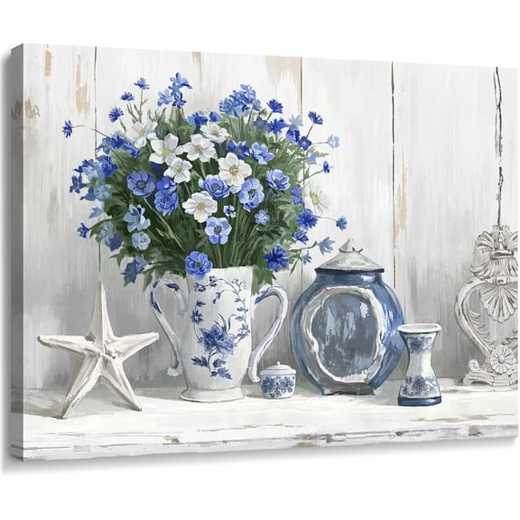 Nicetop Bathroom Decor Wall Art Vintage Coastal Picture Blue and White Anemone Flowers in Vase with Starfish and Bottle Pottery Canvas Print Rustic Country Farmhouse Artwork for Bedroom 16x12 Inch