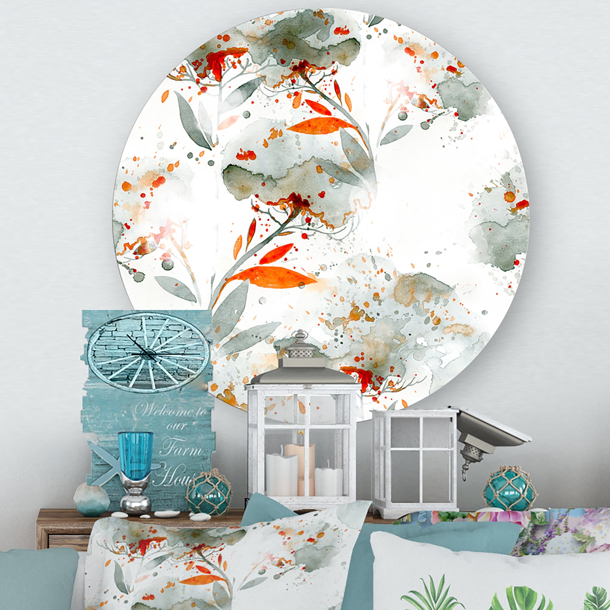 Designart 'Orange and Green Wildflowers I' Modern Circle Metal Wall Art 23x23 - Disc of 23
