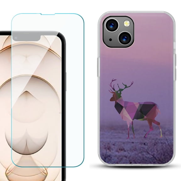Slim-Fit Flexible TPU Gel Phone Case for iPhone 13, with Tempered Glass Screen Protector, by OneToughShield ® - Deer/Polygon