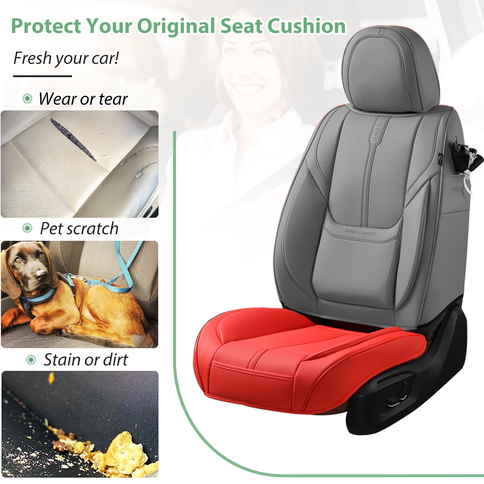 2 Pack Leather Front Car Seat Cover Bottom Only, Anti-Slip Padded Seat Cushion, Full Wrap Seat Protector with Storage Function Universal Fit for Most Cars, SUV, Pick-up Trucks (Red)