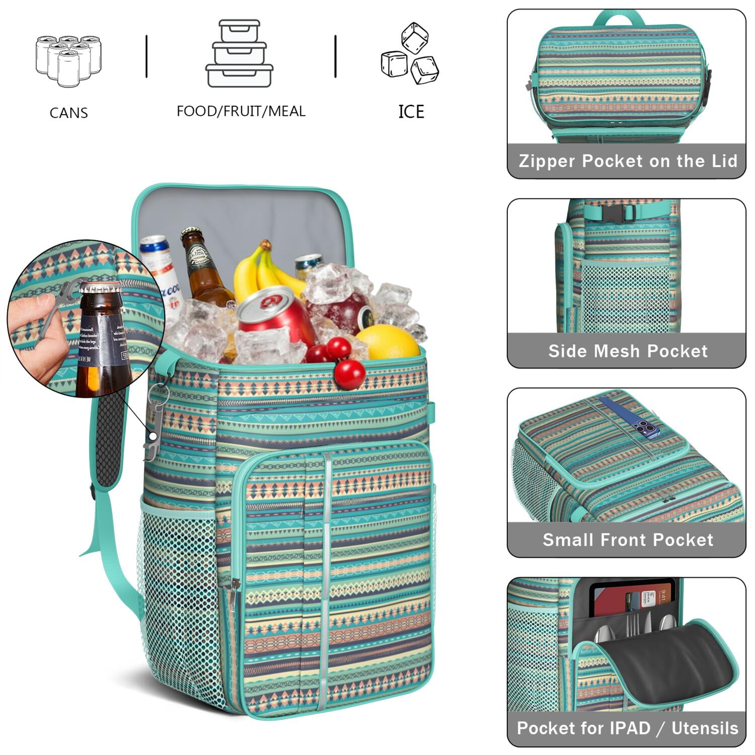 Travel Cooler Bag - Boho Bohemia Pioneer Flower Geometric Line Art Camping Beer Cooler Backpack with Bottle Opener- Waterproof Insulated Picnic Backpacks - Cooler Bag for Beach