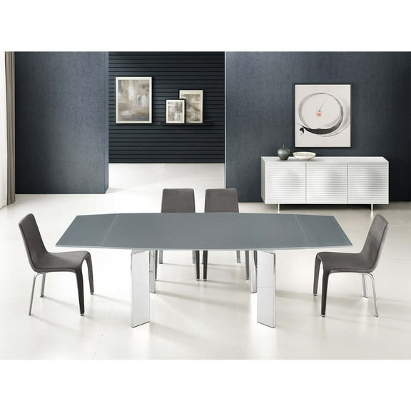 Casabianca Home Astor manual dining table with stainless base and gray top.