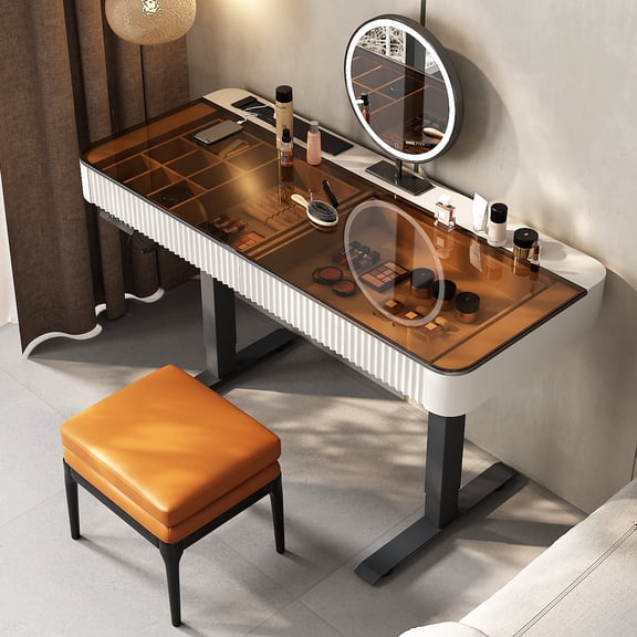 Lartis Vanity Table with Stool,Electric Lift Vanity Desk,Vanity Set,Up and Down Desk, Standing Vanity with Drawer (Ivory White, 50 in)