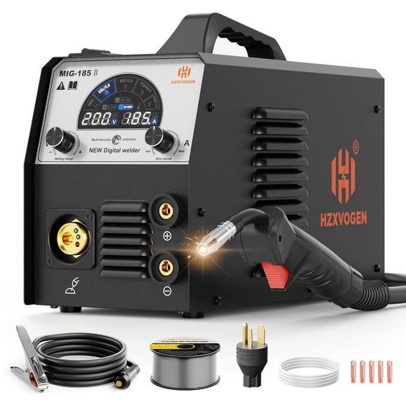 H HZXVOGEN 185A MIG Welder, 4-in-1 Gas & Gasless MIG, Lift TIG, Stick Welder, 110V/220V IGBT Inverter with Large LED Display