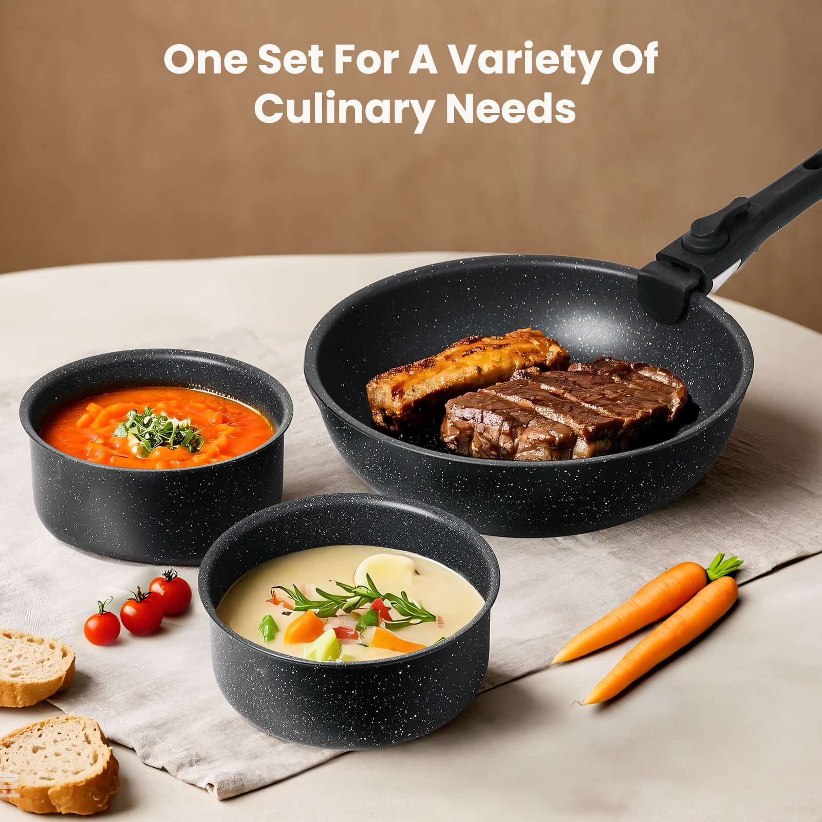 LIFERECORD 12-Piece Nonstick Pots and Pans Set, Granite Coating Cookware Set with Detachable Handle, Induction Compatible, Oven & Dishwasher Safe, Includes Frying Pans, Saucepan & Utensils Black
