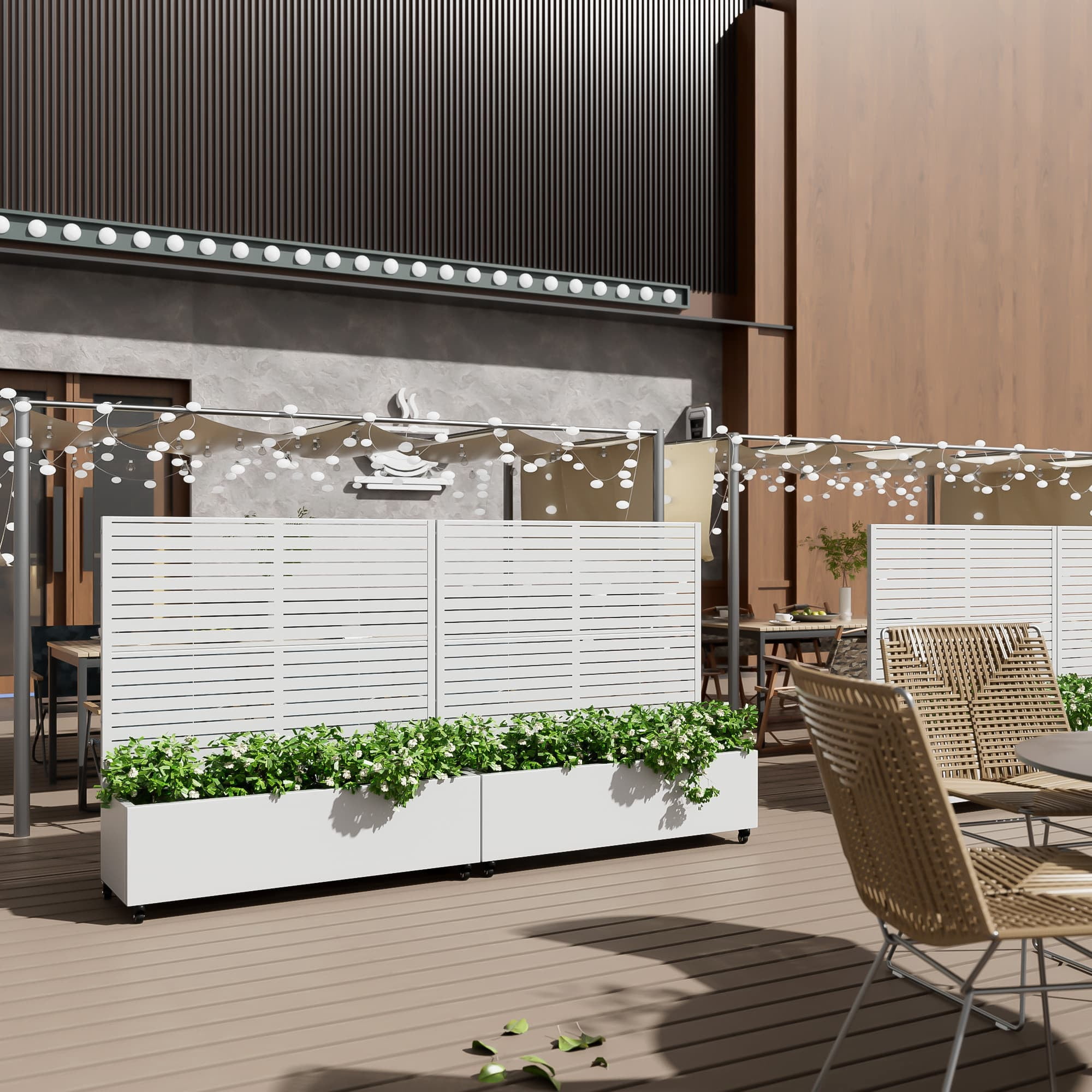 MAYEERTY 47*16*47"Outdoor White Metal Planter with Rect Louvered Climbing Trellis, Drainage hole & Wheels
