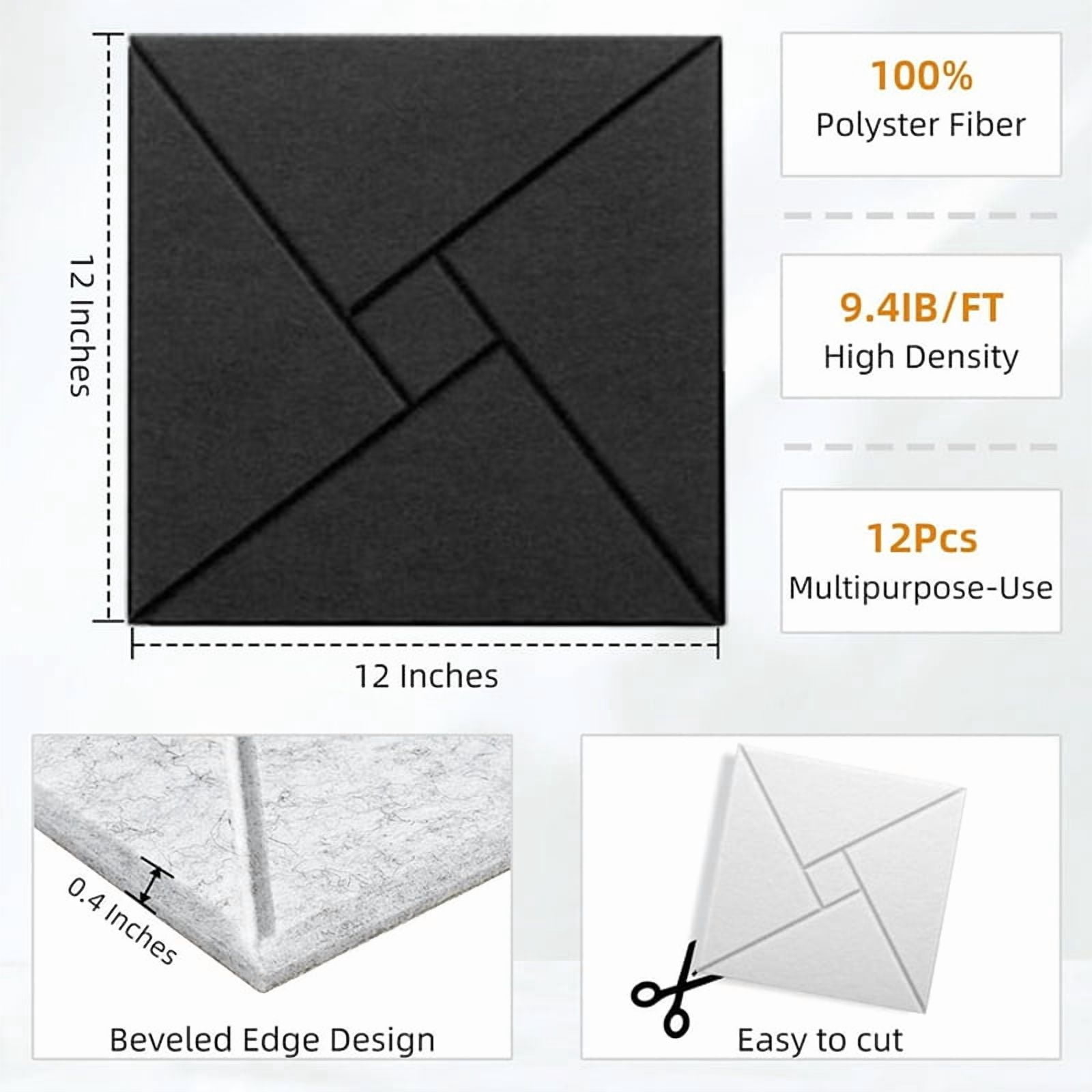 12Pcs Acoustic Panels, 12x12x0.4In Sound Proof Foam Panels, Black