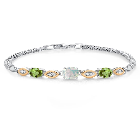 925 Silver and 10K Yellow Gold Simulated White Opal and Green Peridot and White Lab Grown Diamond Bracelet for Women (2.06 Cttw, Gemstone October Birthstone, Oval Cabochon, Wheat Chain, 7 inches)