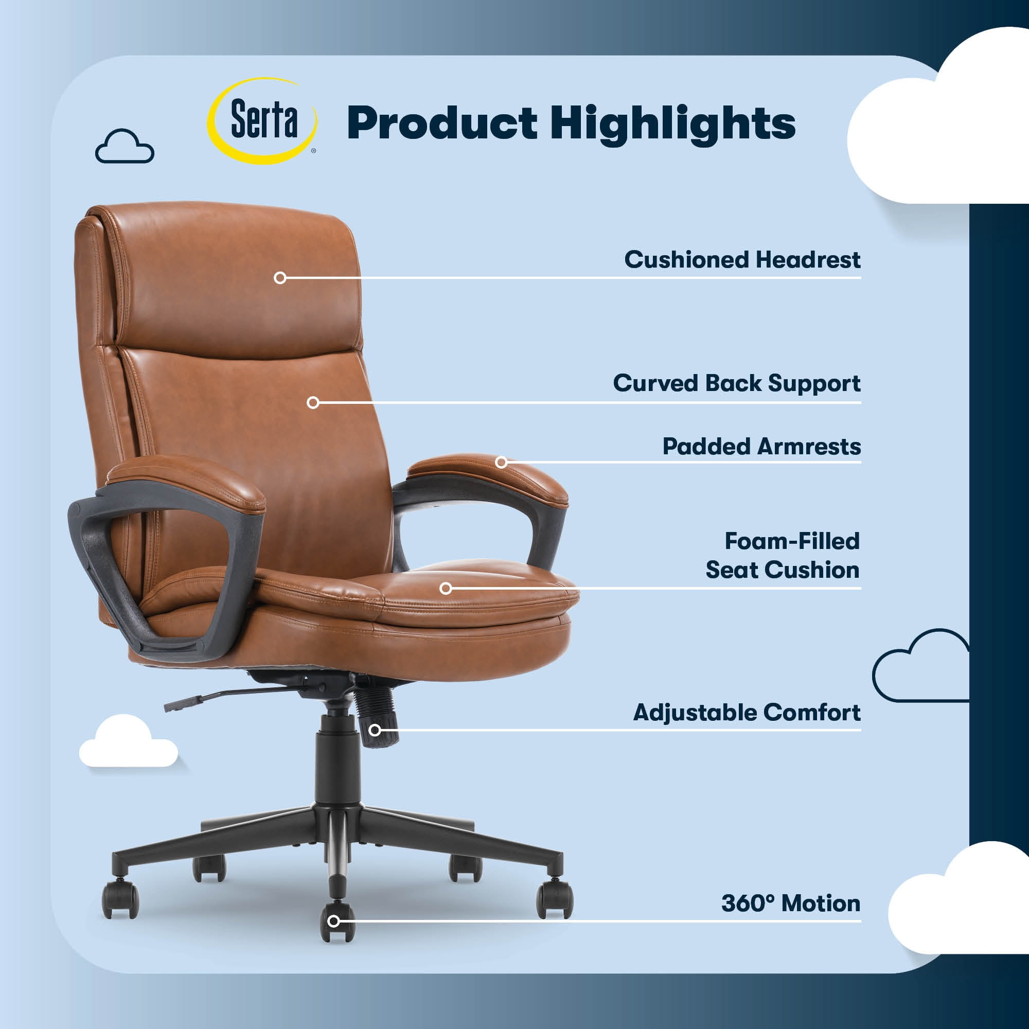 Serta Comfort Ergo Executive Office Chair, Ergonomic Mid-Back Design with Lumbar Support, Bonded Leather, Cognac