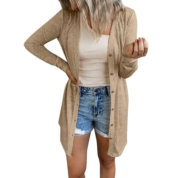 Baberdicy Solid Cardigan Women Fashion Solid Long Sleeve Loose Cardigan Beach Holiday Knit Pocket Coat Women's Cardigans Khaki