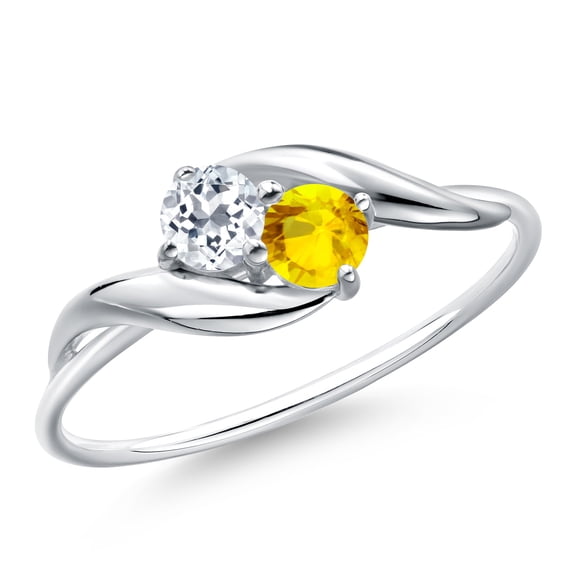 Gem Stone King 10K White Gold Round White Topaz and Yellow Sapphire Ring for Women (0.38 Cttw, Round 3.5MM, Gemstone November Birthstone, Size 8)