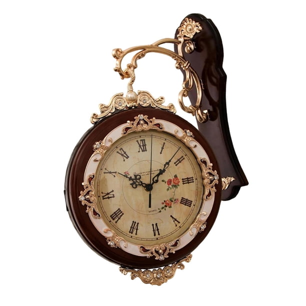 Reloj de pared de doble cara, decorativo, redondo, silencioso, funciona con pilas, estilo rústico. Marrón
