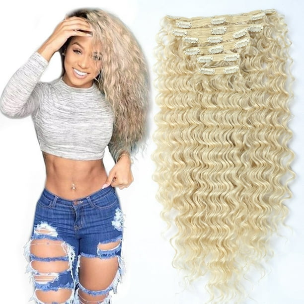 Extensiones de cabello con clip de pelo sintético Clip en 140G 7 unids/lote postizos de fibra japoneses resistentes al calor onda profunda/onda del cuerpo/pelo liso (onda profunda blanqueador rubio 61