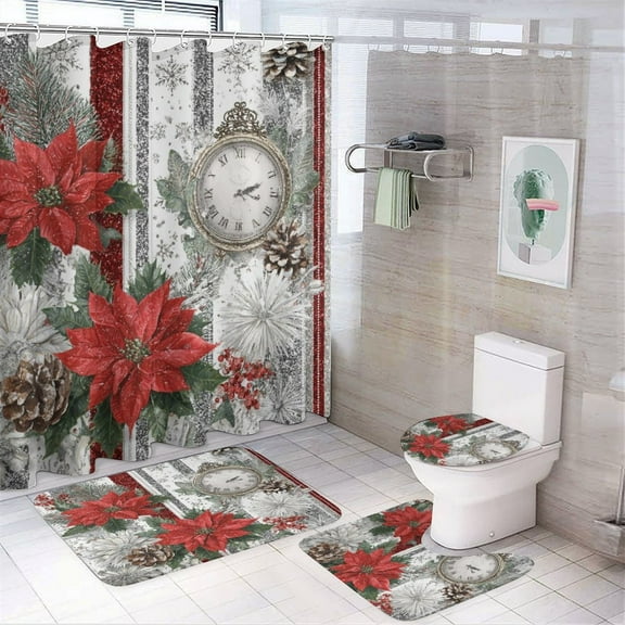 Holly And Poinsettia Red with Silver Ribbon Vintage Christmas 4 Pcs Shower Curtain Set Shower Curtain And Rugs Shower Curtain Set Red & White Floral Durable And Waterproof for Bathroom Decor Set