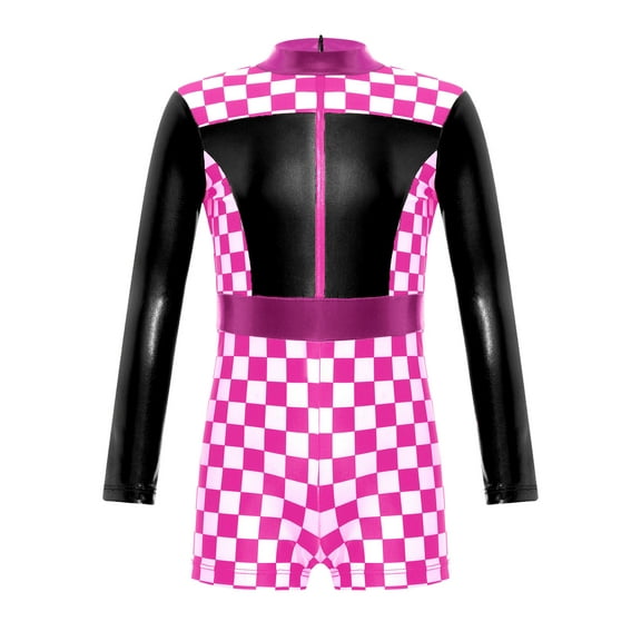 inhzoy Kids Girls Race Car Driver Racer Dress-Up Shiny Checkerboard Jumpsuit Bodysuit Leotard Black 14