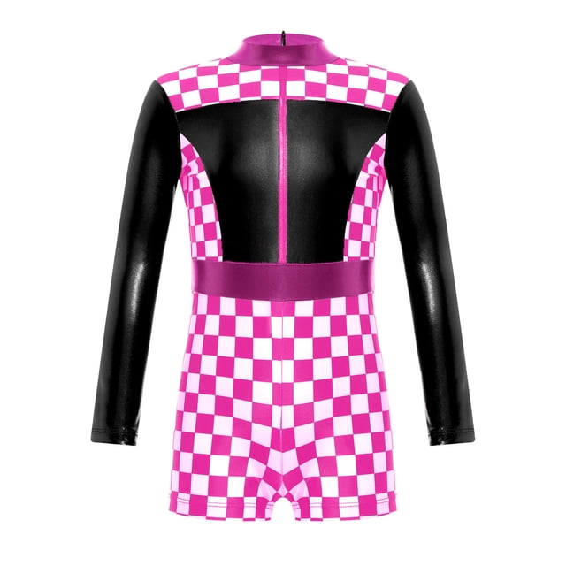 Rswnyirn Race Car Driver Jumpsuit for Girls Kids Long Sleeve Checkered Racer Bodysuit Racing Unitard Black 6