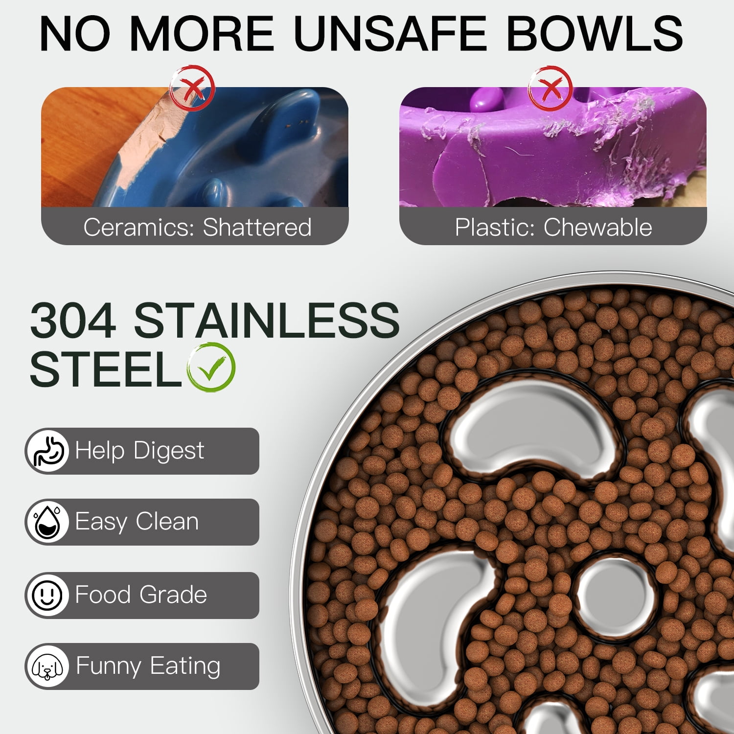 Feedoo 2-Cup Stainless Steel Slow Feeder Dog Bowl - Anti-Choking, Non-Slip Base, Dishwasher Safe (Medium Size)