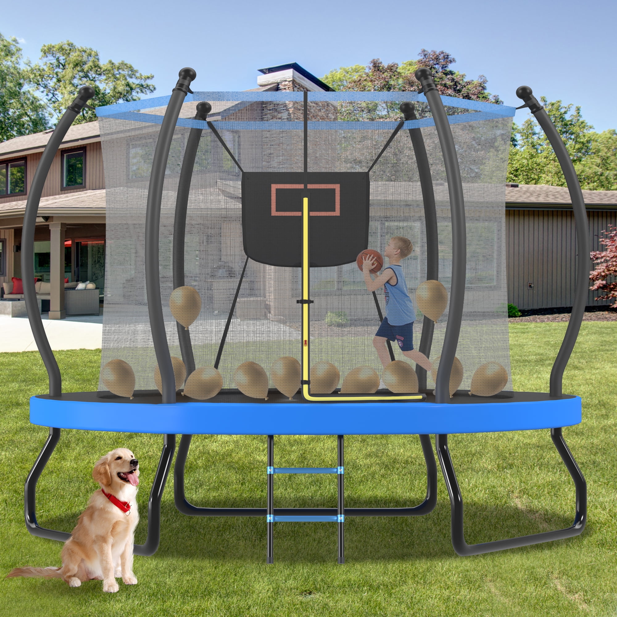 Leumius 10FT Trampoline for Kids,Outdoor Round Trampoline with Basketball Hoop and Safety Enclosure Net,Ladder,Easy Assembly,Blue