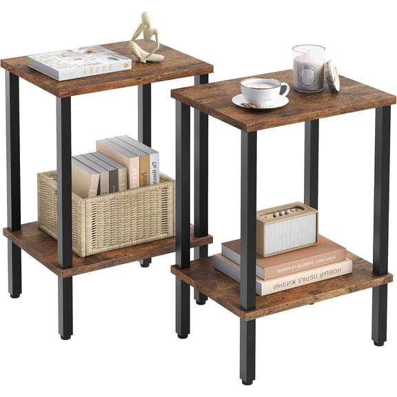 End Table Set of 2, Narrow Side Table, Small Nightstand, 2-Tier Sofa Table with Storage Shelf for Small Spaces, Living Room, Bedroom, Office, Rustic Brown and Black