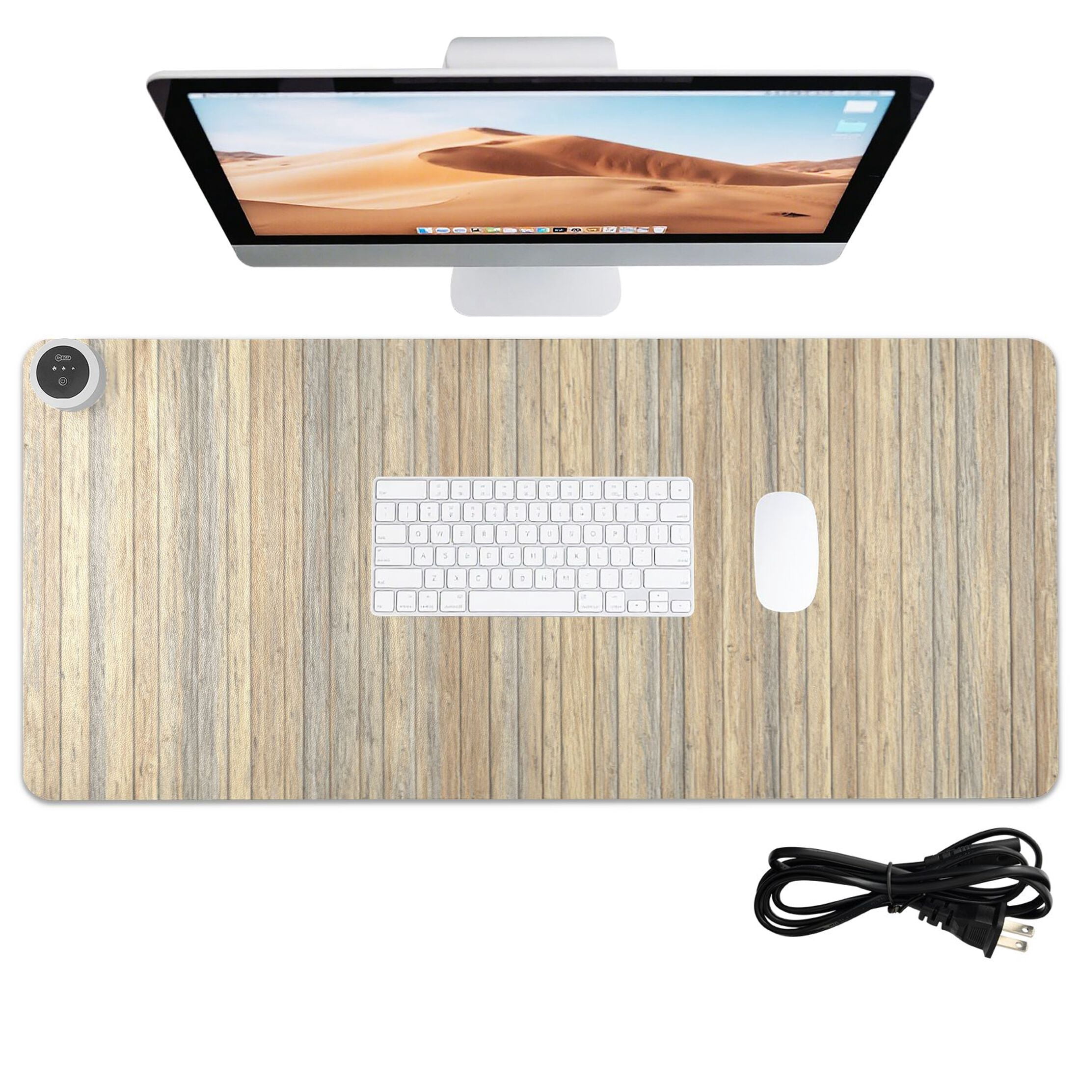 Large Heated Desk Mat Mouse Pad 31.5"x13"PU Leather Graphene Heating Desk Warmer with 3 Temperature Settings 110V US Plug Non-Slip Warm Pad for Home, Office, and Gaming Warm Beige Wood Pattern