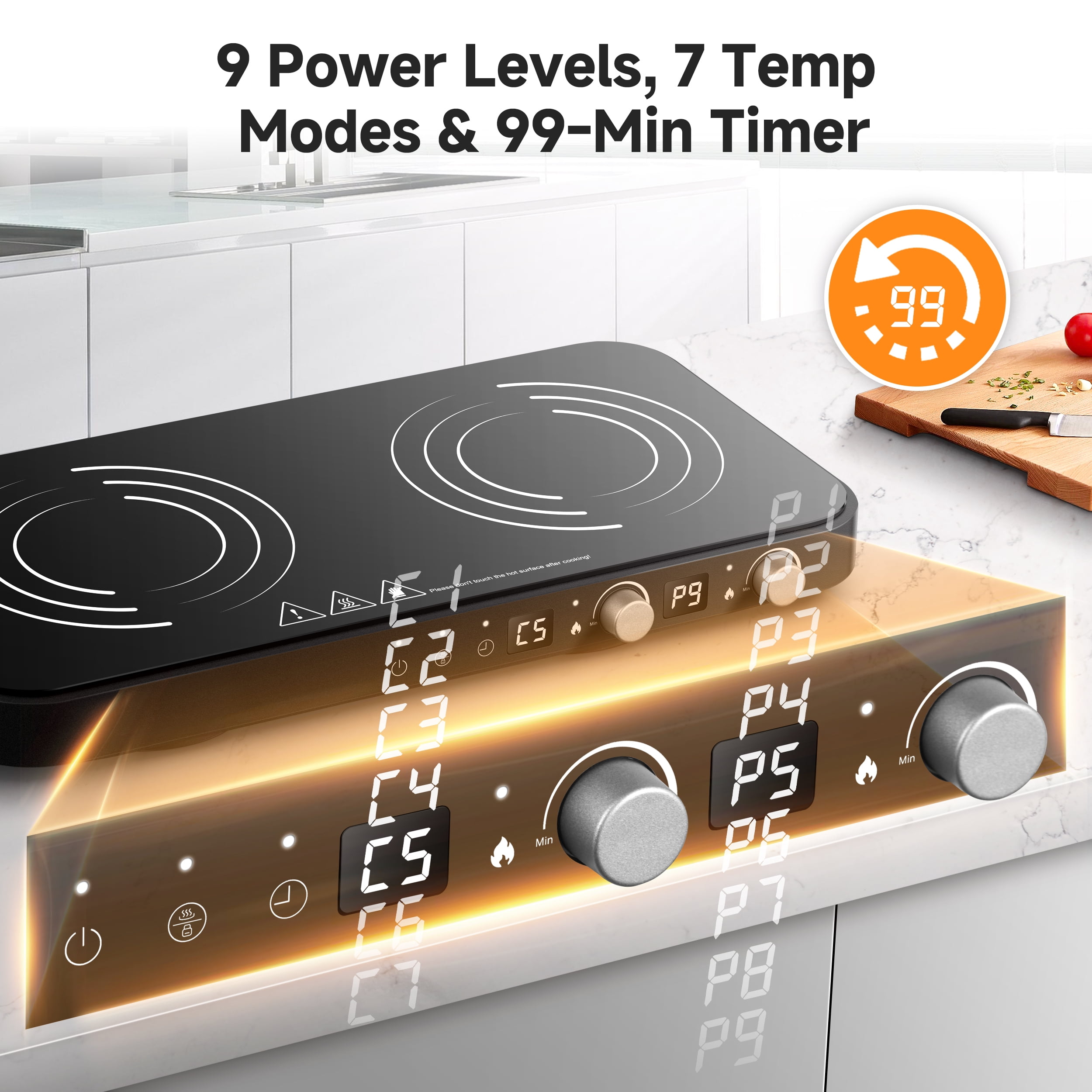 Sunmaki Portable Double Induction Cooktop with Removable Griddle Pan Non-stick, 1800W 2 burner Induction Hot Plate With Sensor Touch 9 Power Levels, 99 Min Timer,Great for Family Party