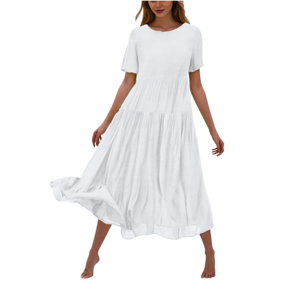 Gnshining Summer Beach Dress for Women Flowy Tiered Full Length Dress Solid Color Short Sleeve Dress Loose Crew Neck Pullover Dress
