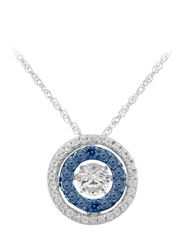 Blue Diamond Halo with Dancing Created White Sapphire Sterling Silver Pendant, 18" Box Chain by Generic