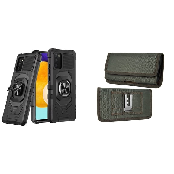 Case with Belt Holster Bundle for Samsung Galaxy A03s: Heavy Duty Series Protection Cover (Black) and Horizontal Rugged Nylon Phone Pouch