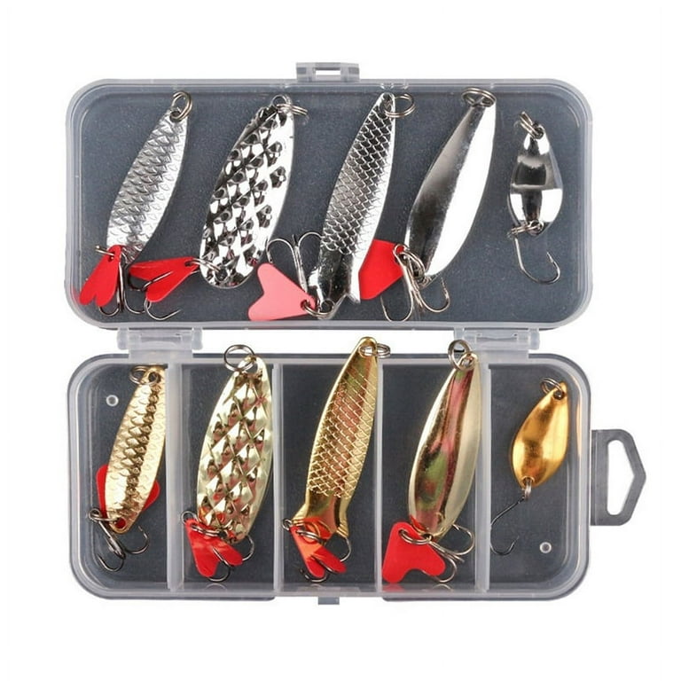 10Pcs Fishing Metal Spoon Lure Kit Set Gold Silver Baits Sequins Spinner  Lures
