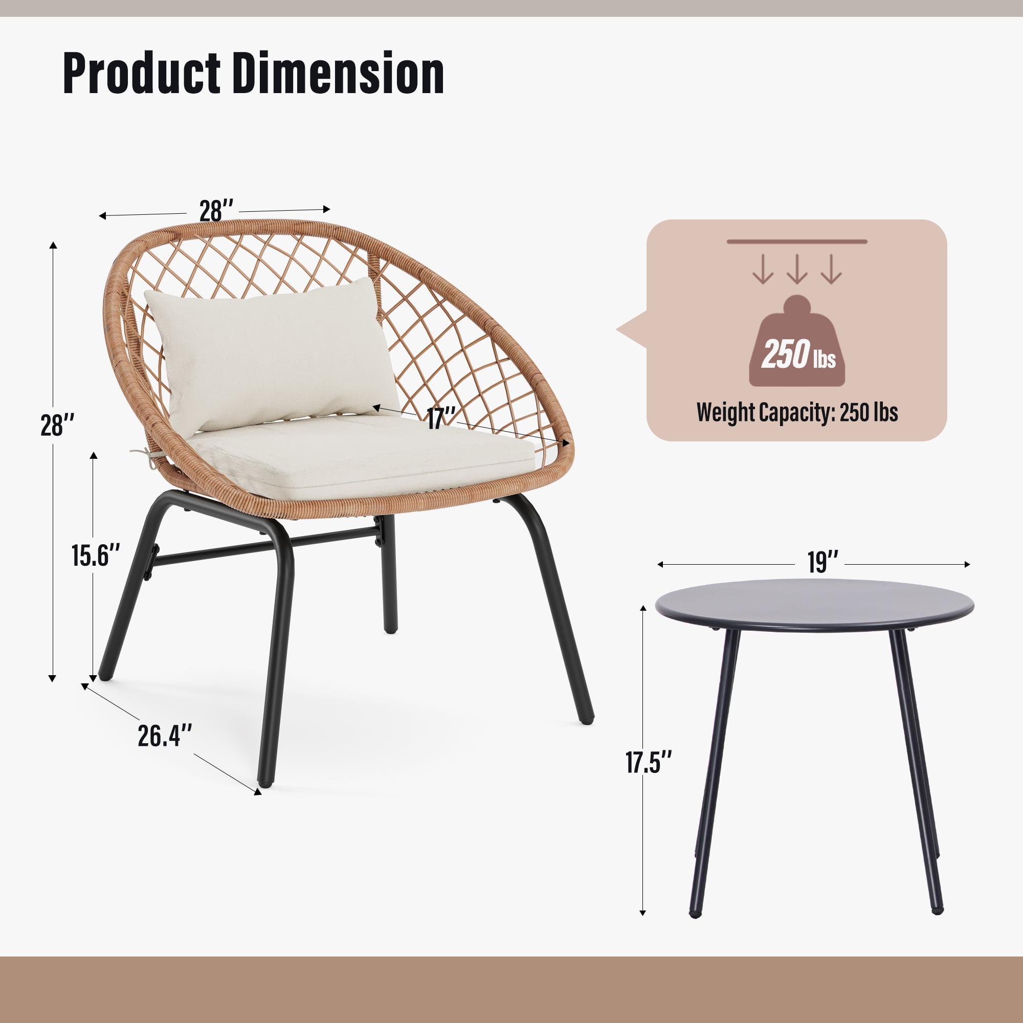 LAUSAINT HOME 3 Pieces Patio Bistro Set, Outdoor Conversation Furniture with 2 Chairs and 1 Coffee Table, Diamond Weave Design