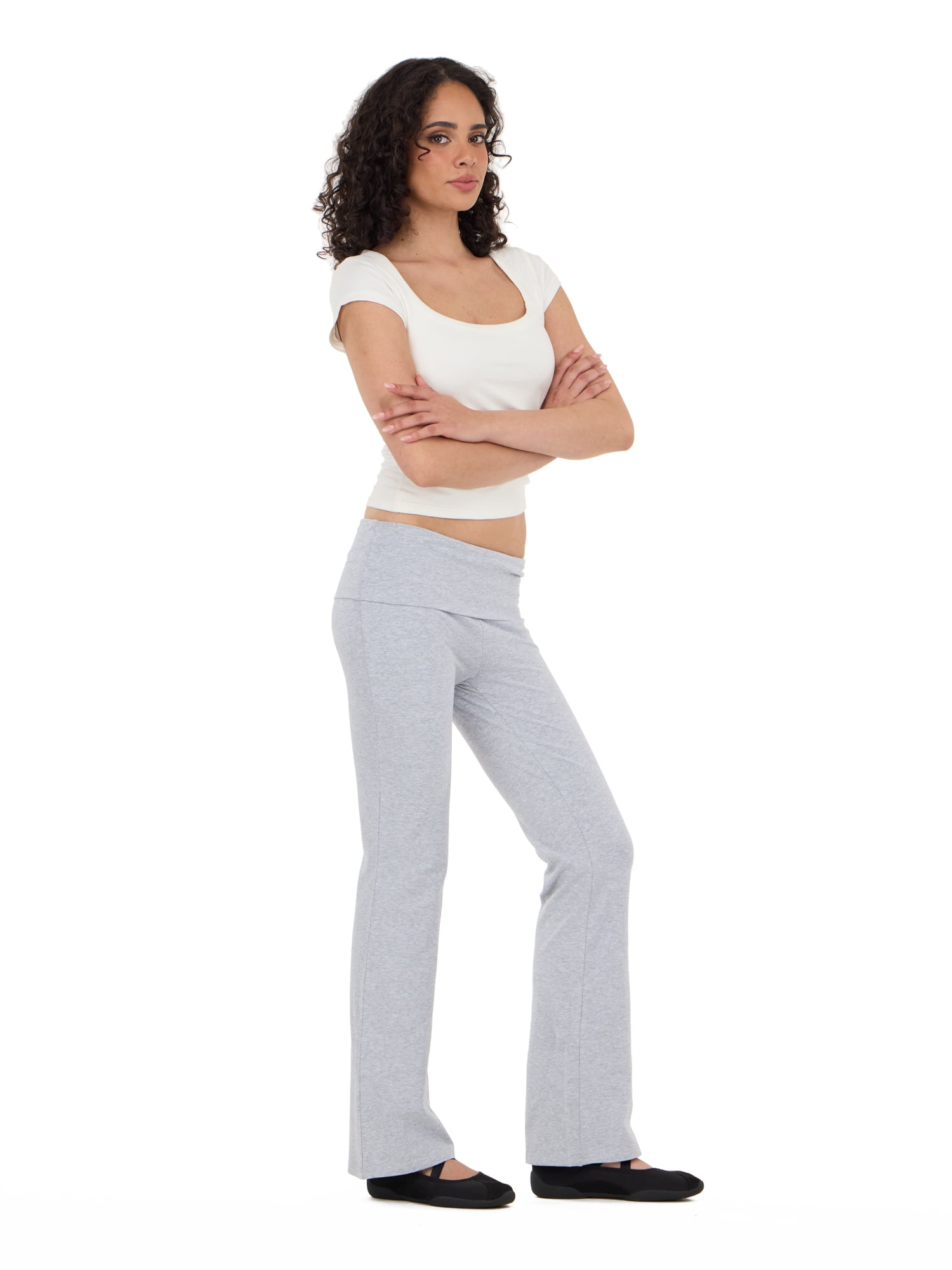 Forever 21 Women's Jersey Fold Over Waist Pants with Graphic Detail, Flare Leg Lounge Pants, Stretch Casual Everyday Comfort Style, Grey, XXS-4X