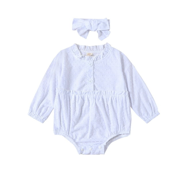 ZAXARRA Baby Girl 2Pcs Fall Outfits Long Sleeve Ruffle Collar Swiss Dots Romper with Headband Set Infant Clothes