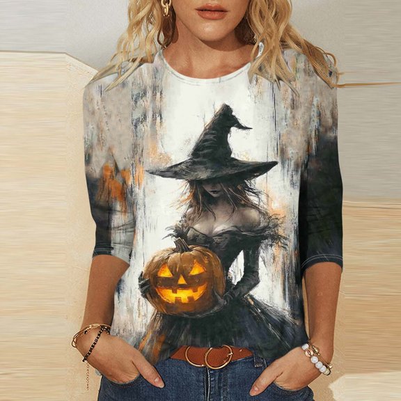 AGWOLF Halloween Tunic Tops for Women Plus Size 3/4 Sleeve Crew Neck Shirt Witch Print Relaxed Fit Sweatshirt Spooky Season Party Wear Multicolor XXXXL