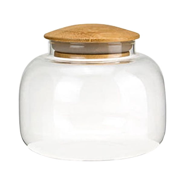 EeaseMX Tarro de caramelos con tapa de bambú de 550 ml, recipiente de vidrio transparente de borosilicato para granos alimenticios.
