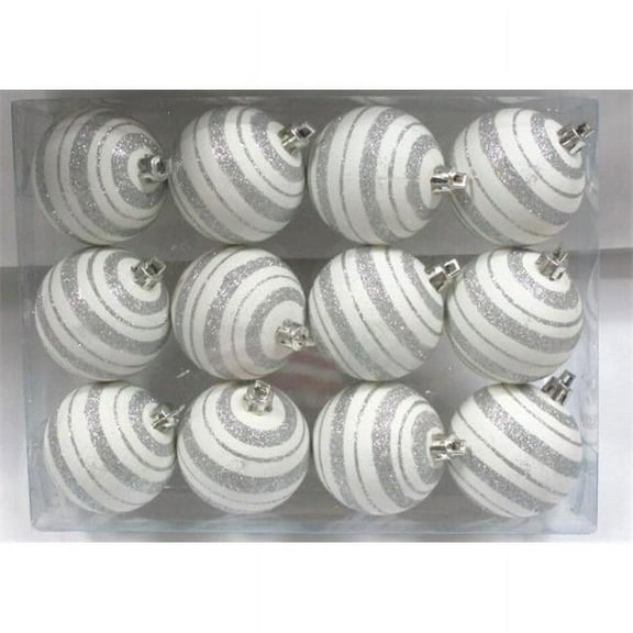Queens of Christmas WL-ORN-12PK-LN-SV Silver & White Ball Ornament with Line Design; Pack of 12