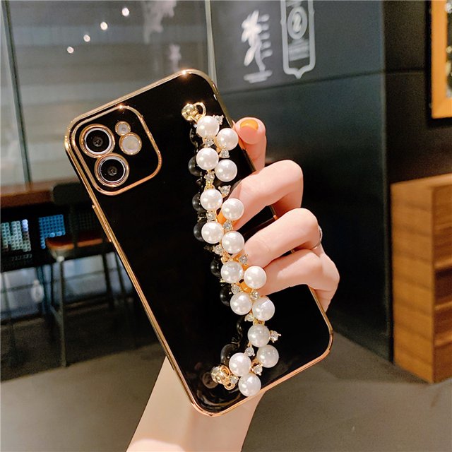 Funda de silicona chapada de lujo para iPhone, carcasa suave con cadena de pulsera de perlas para iPhone 13, 14, 12 Pro Max, 11, XS, X, XR, 7, 8 Plus, mini SE 2 Fivean unisex